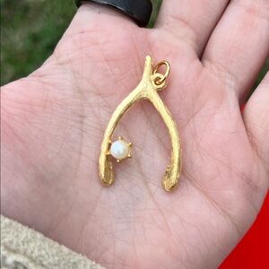 Gold Wishbone Pendant with Pearl Accent